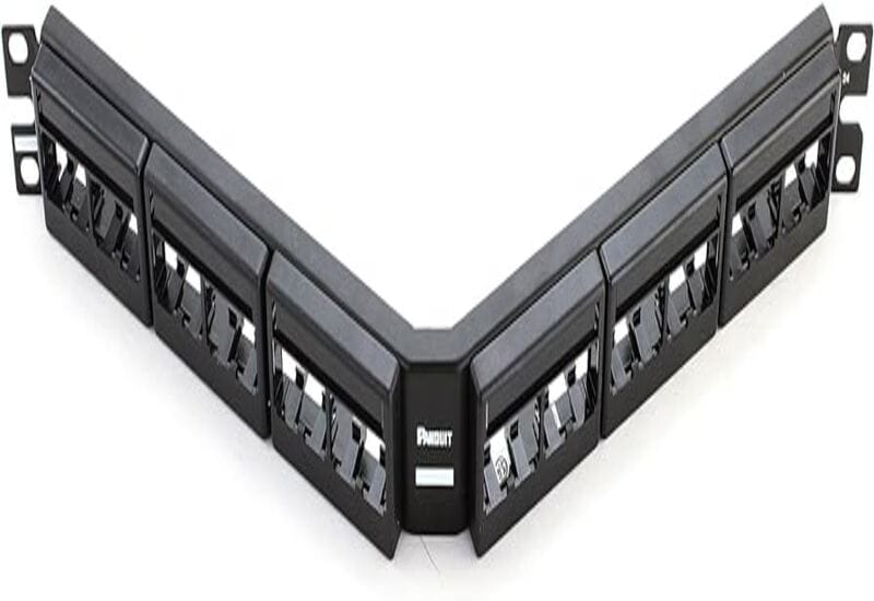24-port modular all metal shielded angled patch panel in black, (1 RU).
