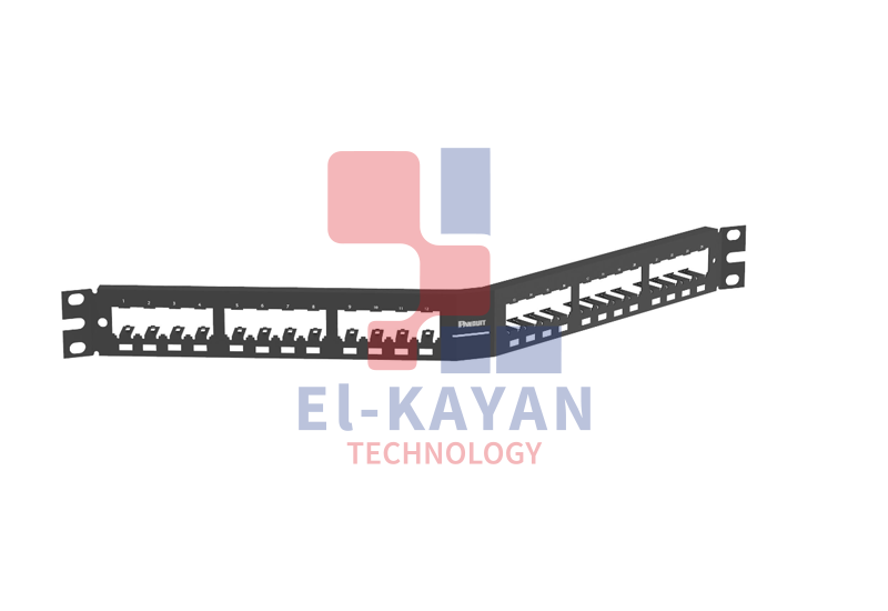 24-port modular all metal shielded angled patch panel in black, (1 RU).